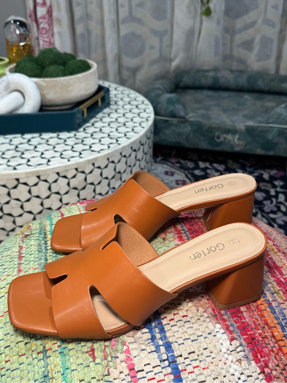 🤎🥥 Women's Cognac Tan Block Heel Slide Sandals 🥥🤎 - Picture 3 of 7
